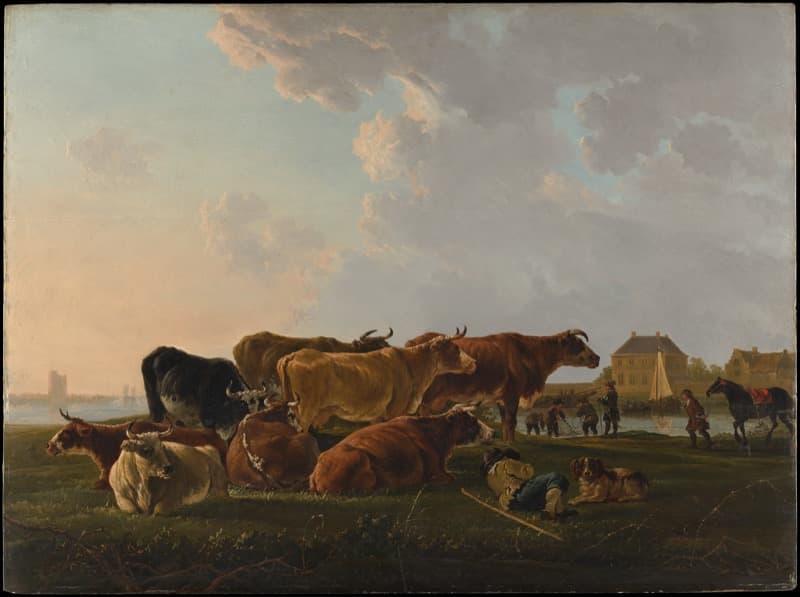 River Landscape with Travelers on a Donkey and Cattle by a Wooden Bridge by Aelbert Cuyp