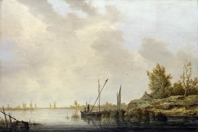 River View with a Small Sailboat near a Farmhouse by Aelbert Cuyp