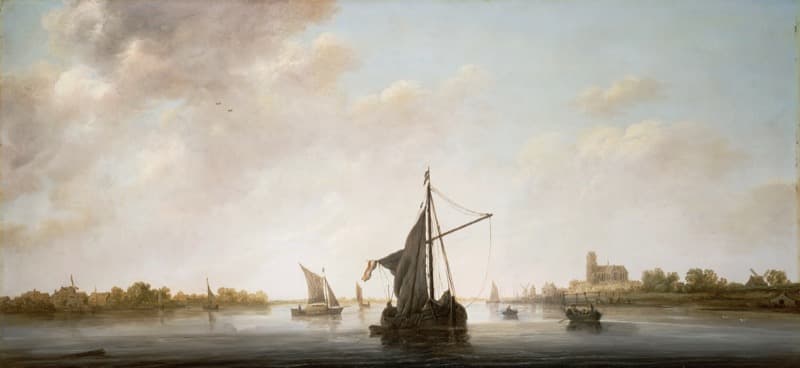 Wide River Landscape with Sailing Vessels and a Distant Town by Aelbert Cuyp